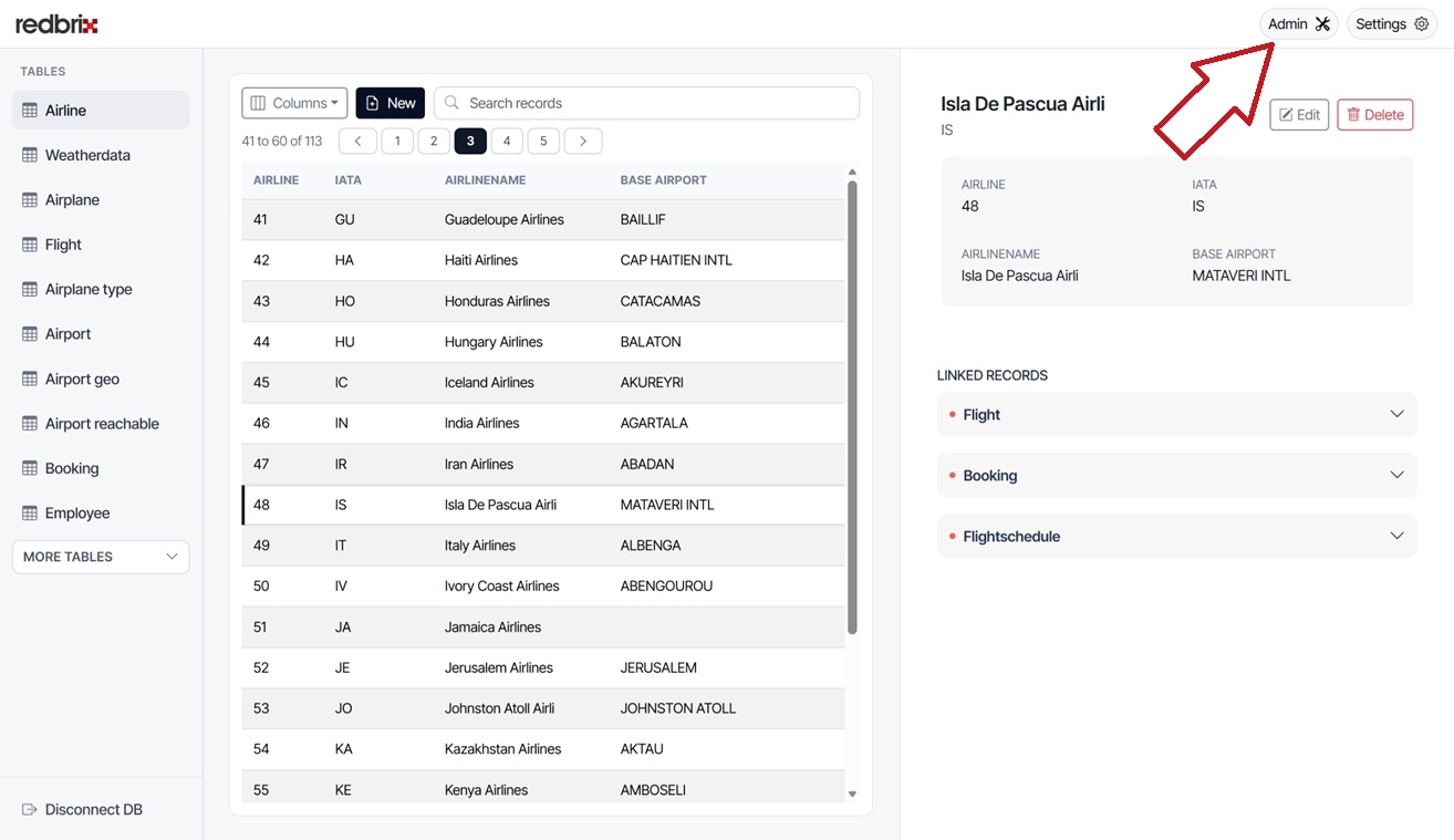 Screenshot showing location of admin button