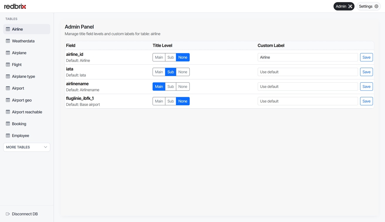 Screenshot of admin page