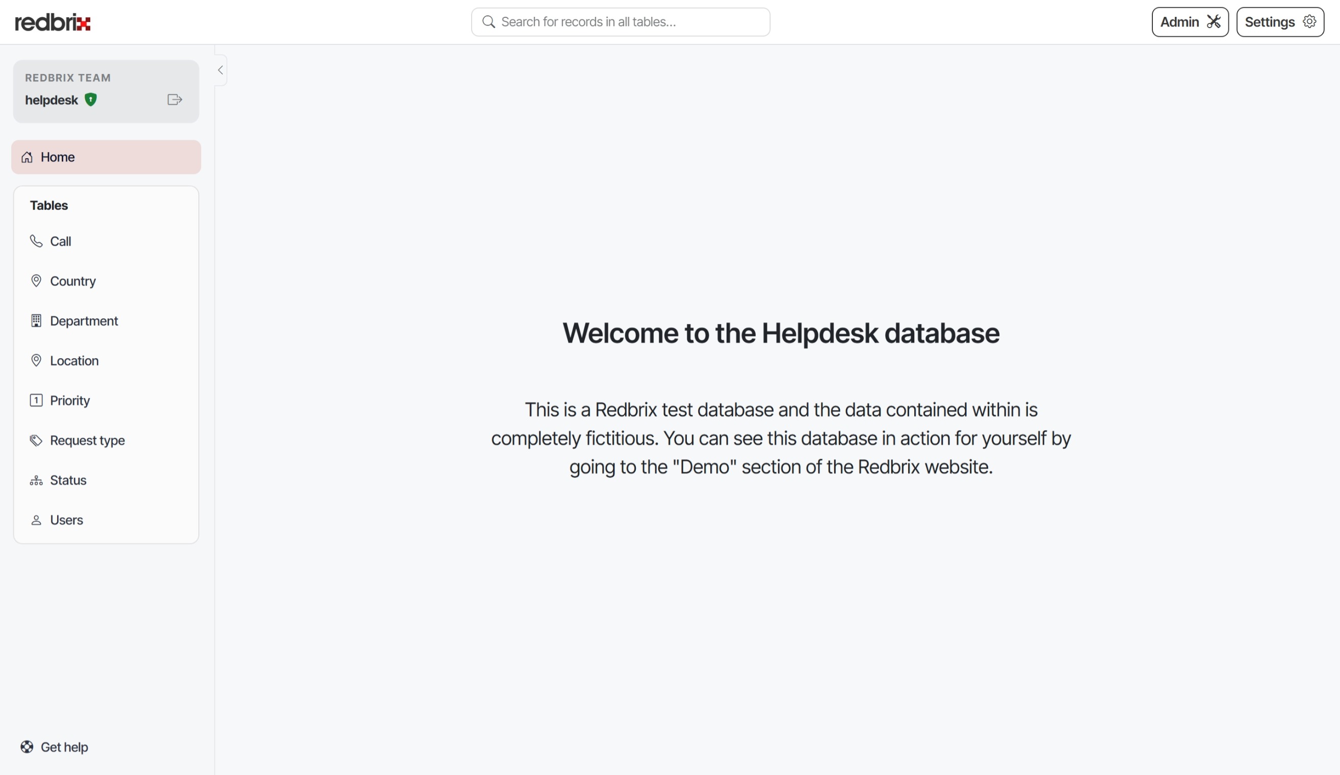 Redbrix application homepage