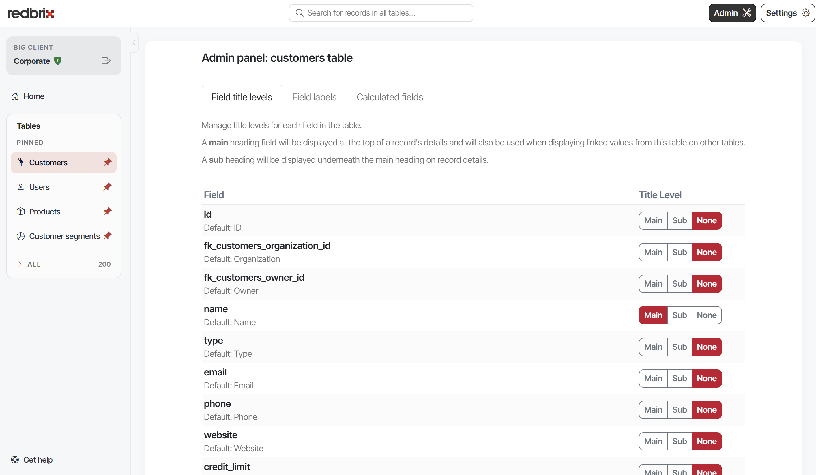 Screenshot of admin page