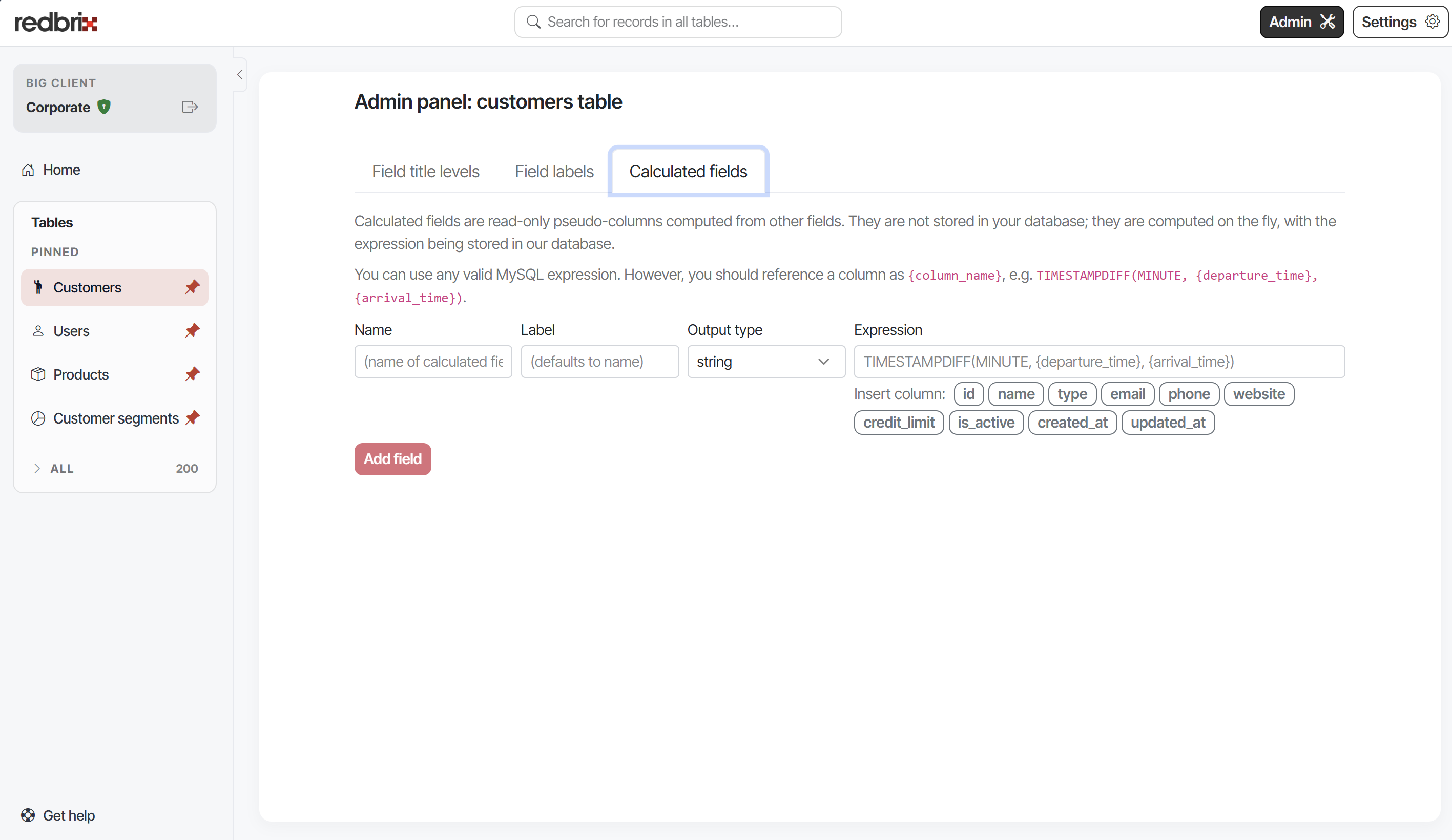 Screenshot of table calculated fields admin page