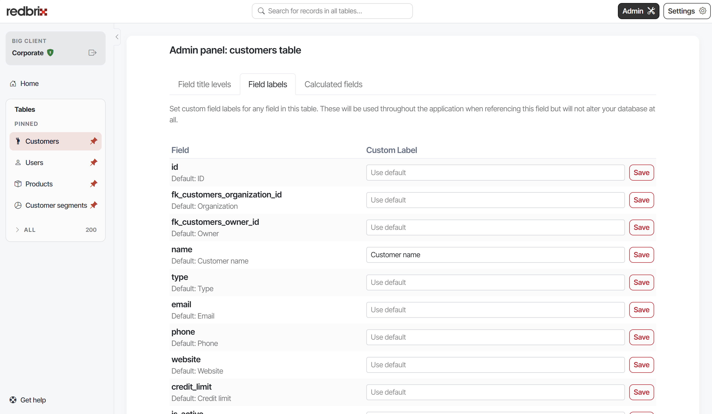 Screenshot of table field label admin page