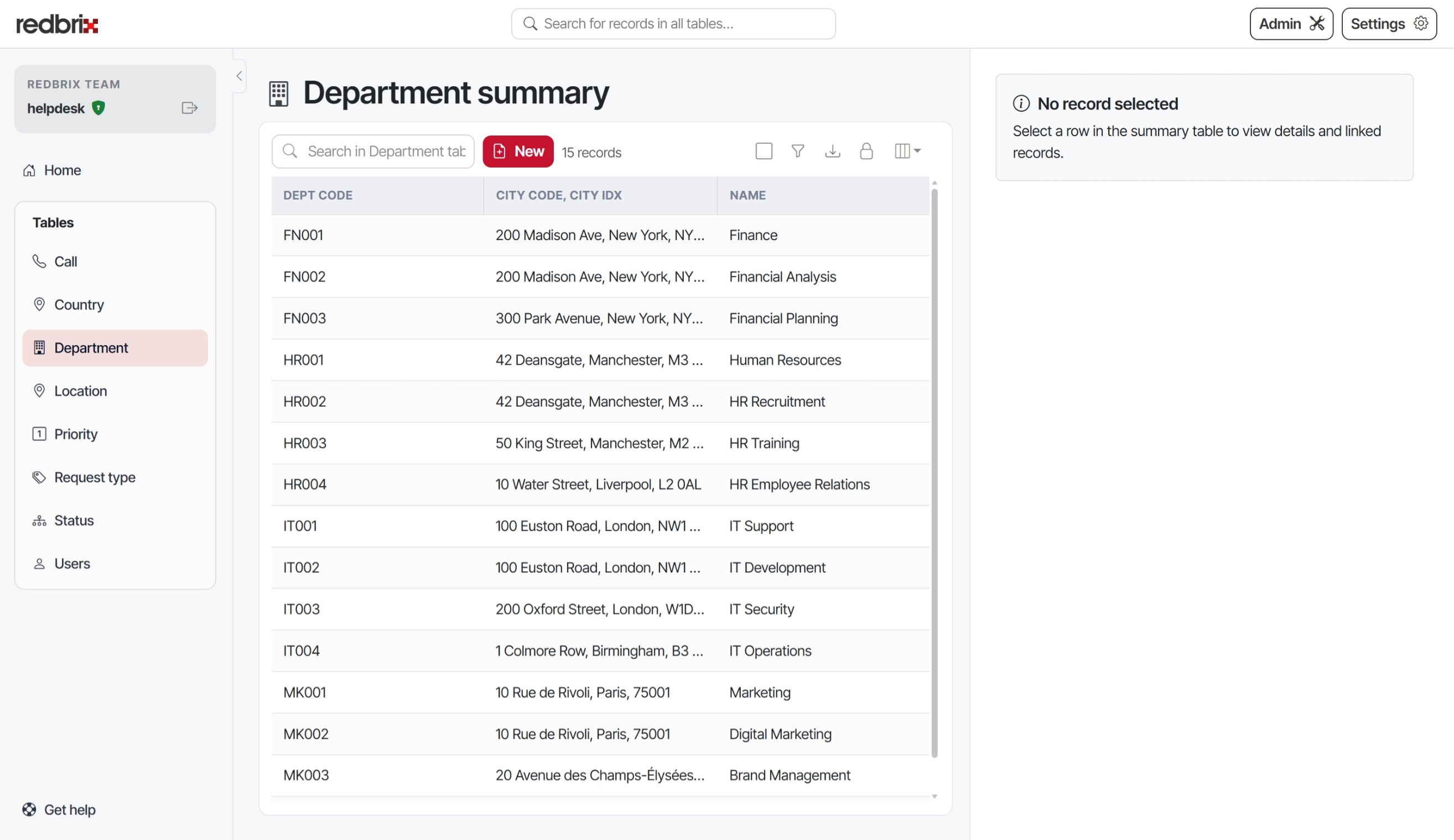 Table summary view in Redbrix