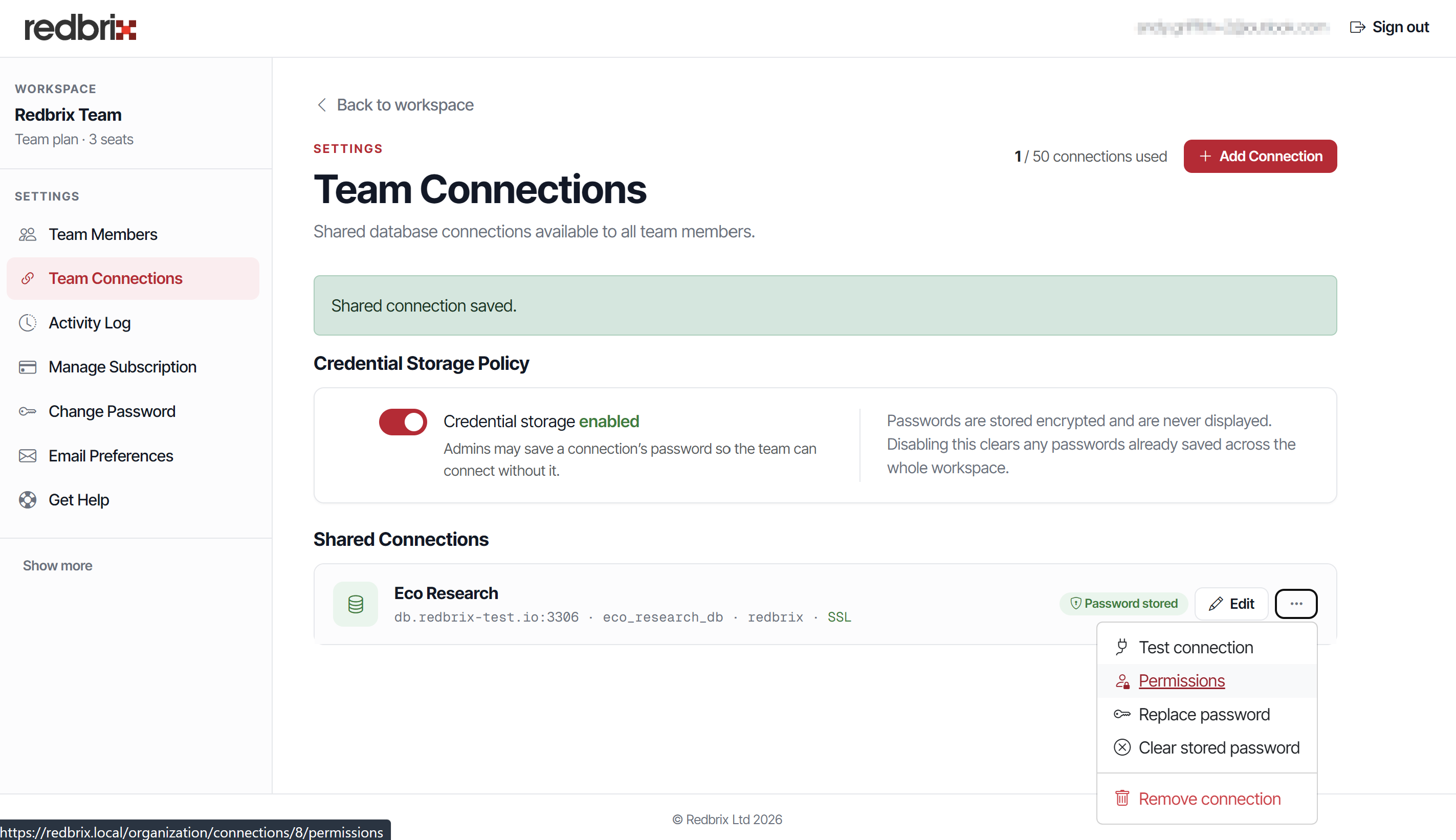 Team connection context menu screenshot