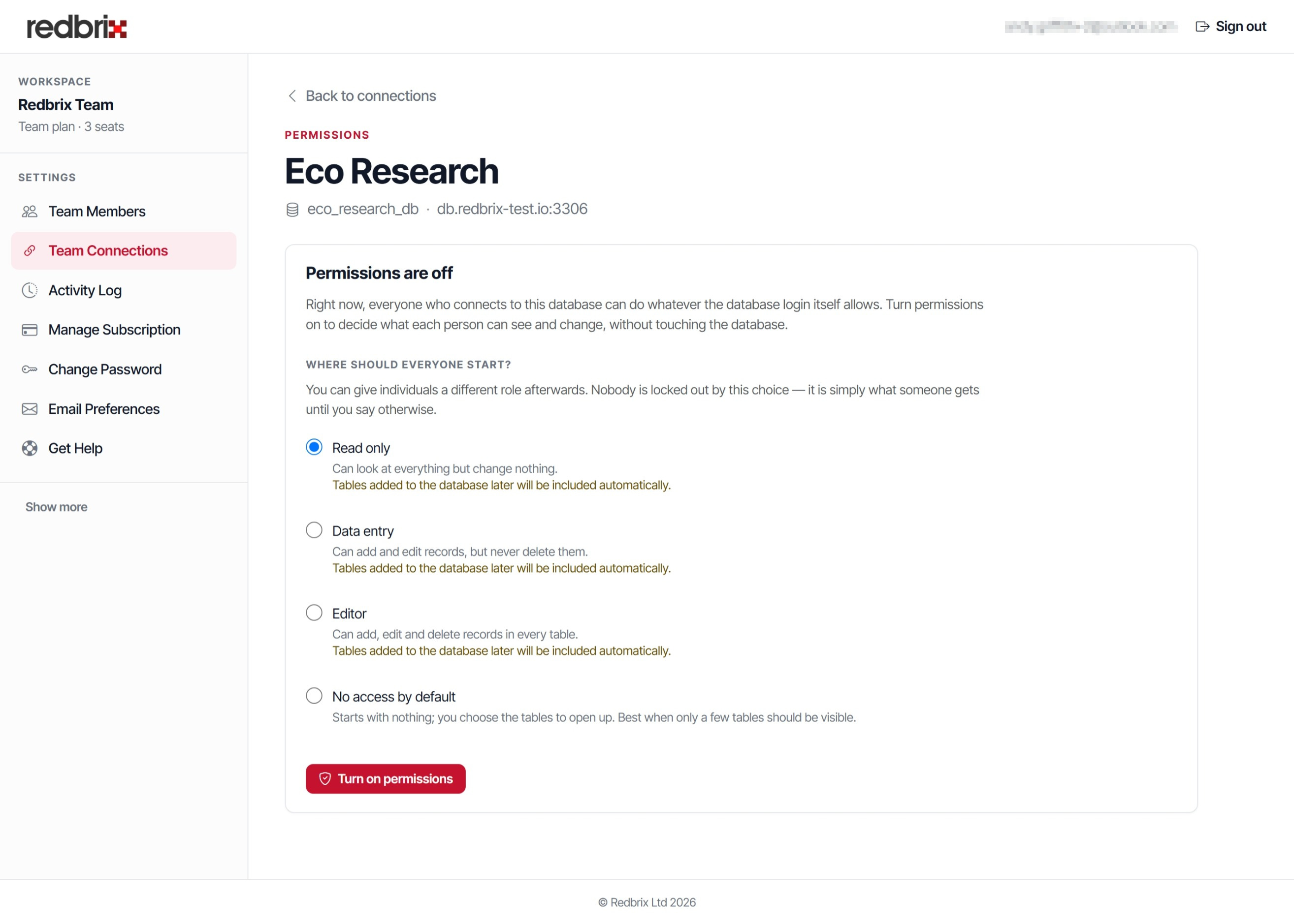 Team connection permissions page screenshot