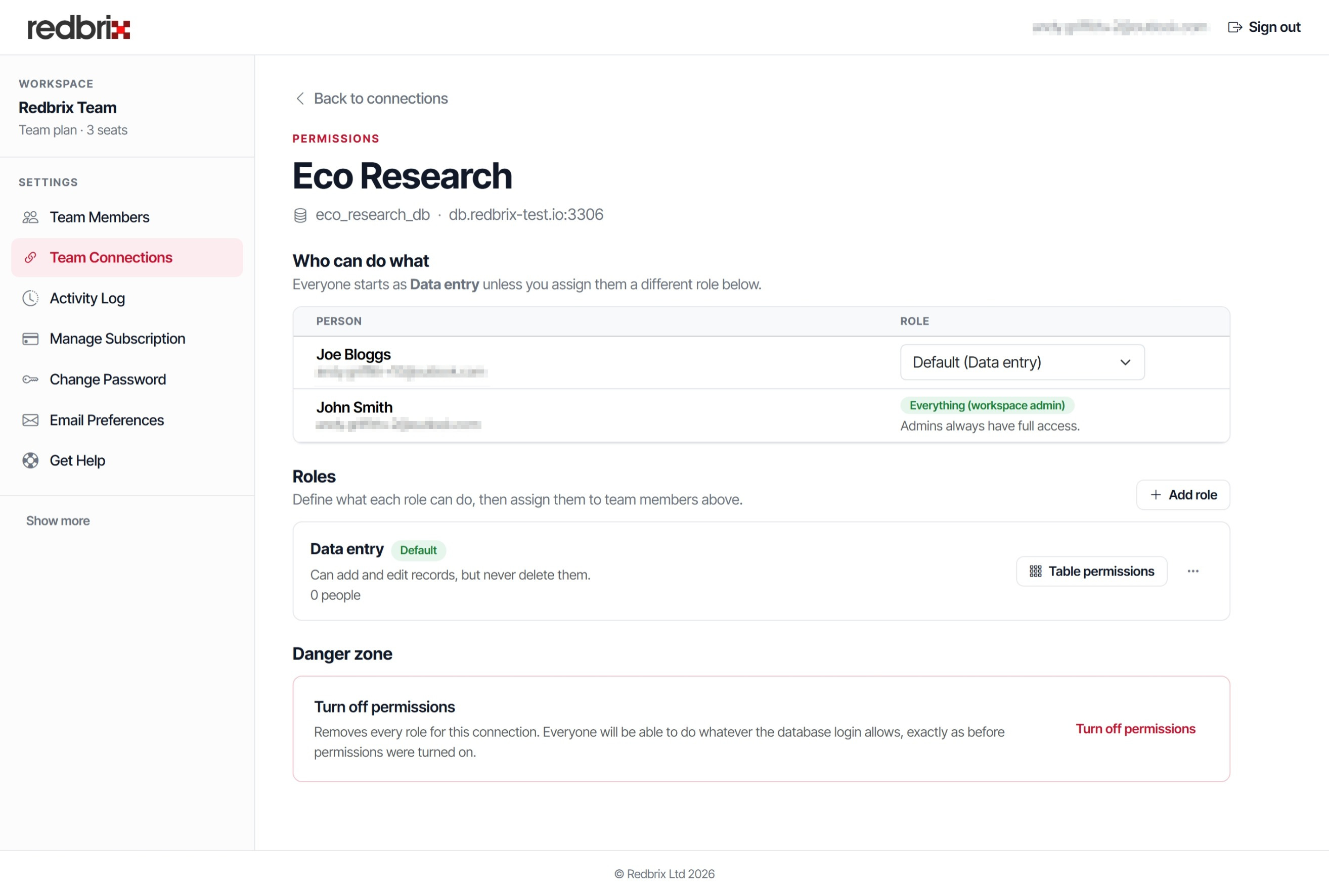 Team connection roles page screenshot