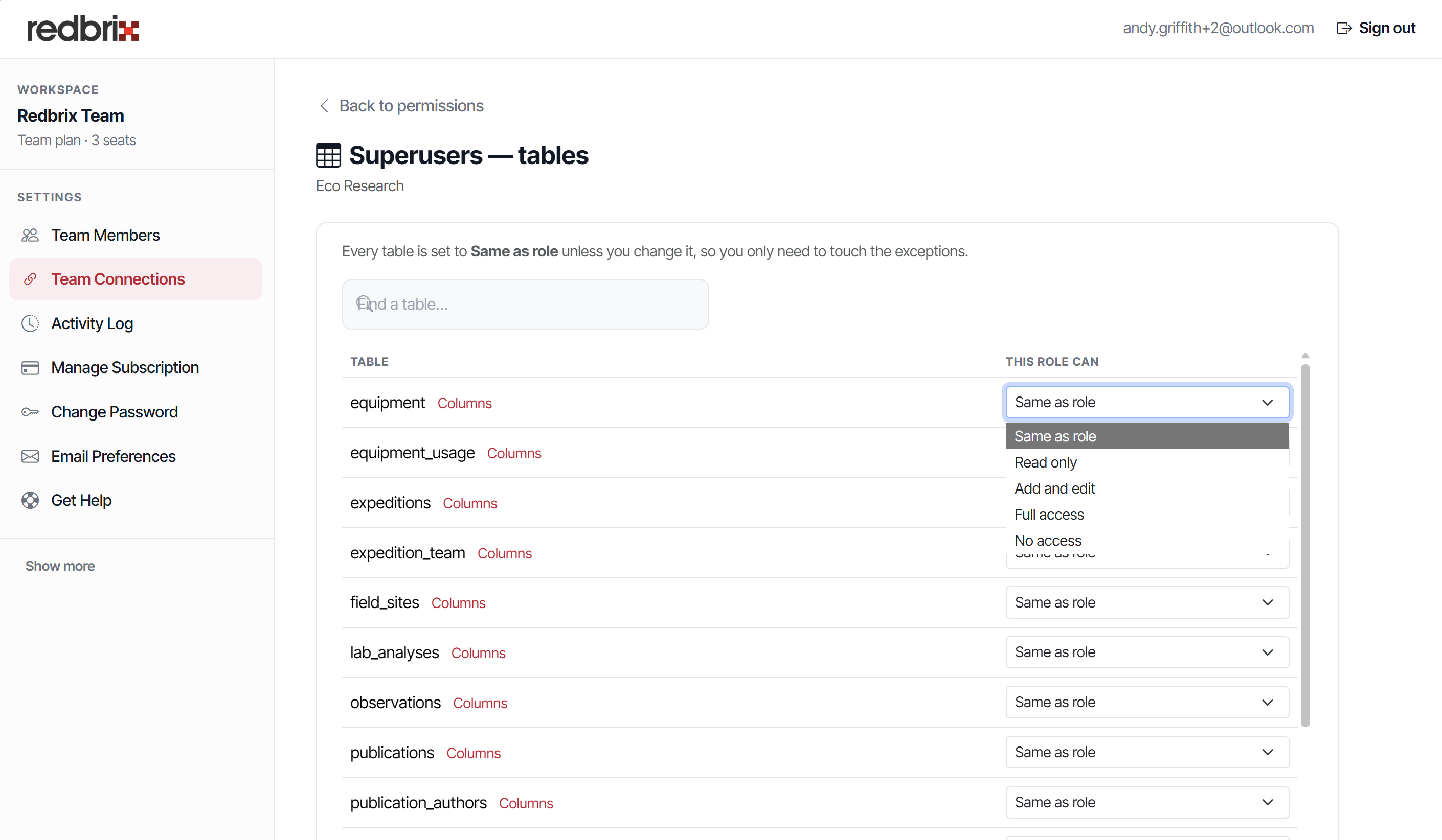 Team connection table permissions screenshot